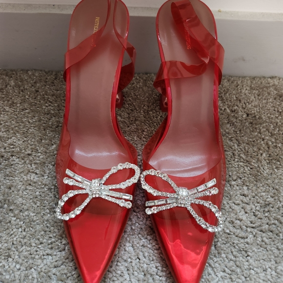 PrettyLittleThing Shoes - PrettyLittleThing Shiny Red Heels with Rhinestone Bow